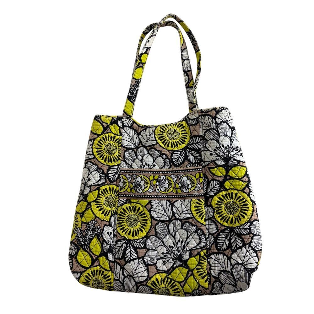 Vera Bradley Tote Bag Yellow White Black Floral Magnetic Snap Closure Quilted
